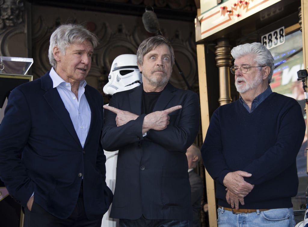 Pictured: Harrison Ford, Mark Hamill, and George Lucas.