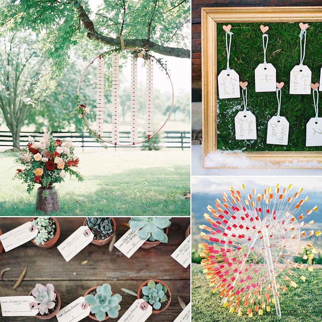 When it comes to planning all the smaller details of your wedding, escort cards should definitely not be overlooked. They serve as your guests' introduction to the reception, so use them to make a whimsical first impression. To help you get inspired, check out some of the most unique ideas that POPSUGAR Home spotted across the web. Cheers!
Photos by Elisa Bricker  via 100 Layer Cake, O'Malley Photographers via Style Me Pretty, Jose Villa Photography via Style Me Pretty, and Kurt Boomer via Style Me Pretty