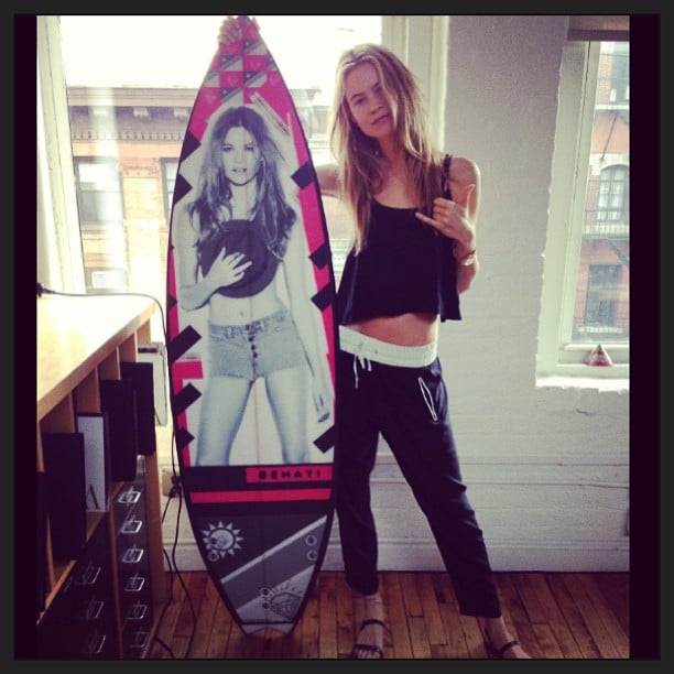 Behati Prinsloo posed with her personalised surfboard.
Source: Instagram user behatiiprinsloo
Behati Prinsloo posed with her personalised surfboard.
Source: Instagram user behatiiprinsloo