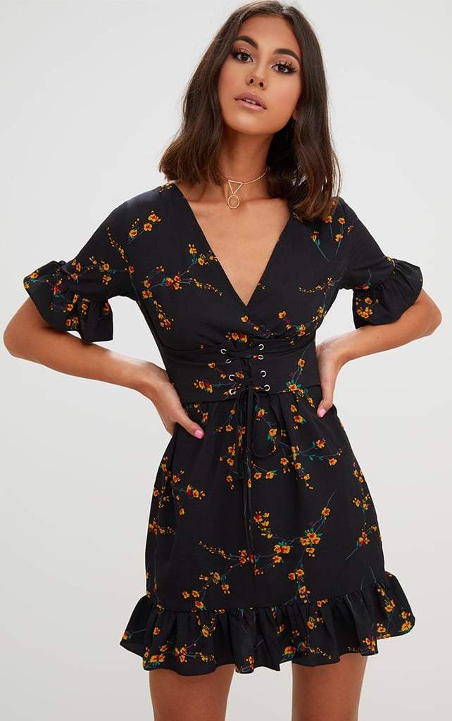 A Corset Dress Under $50: PrettyLittleThing Black Floral Corset Swing Dress