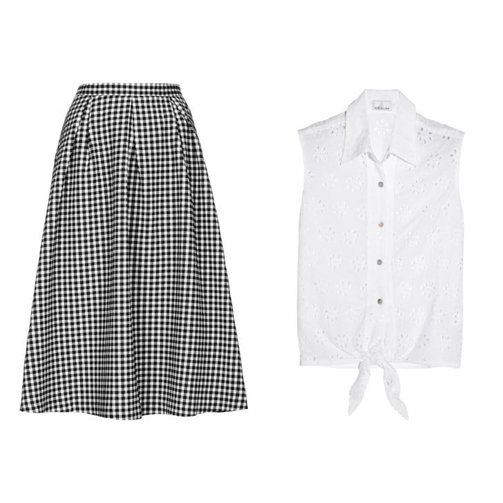 Topshop Gingham Calf Midi Skirt ($96), Miguelina
Nelline broderie anglaise cotton top ($295)