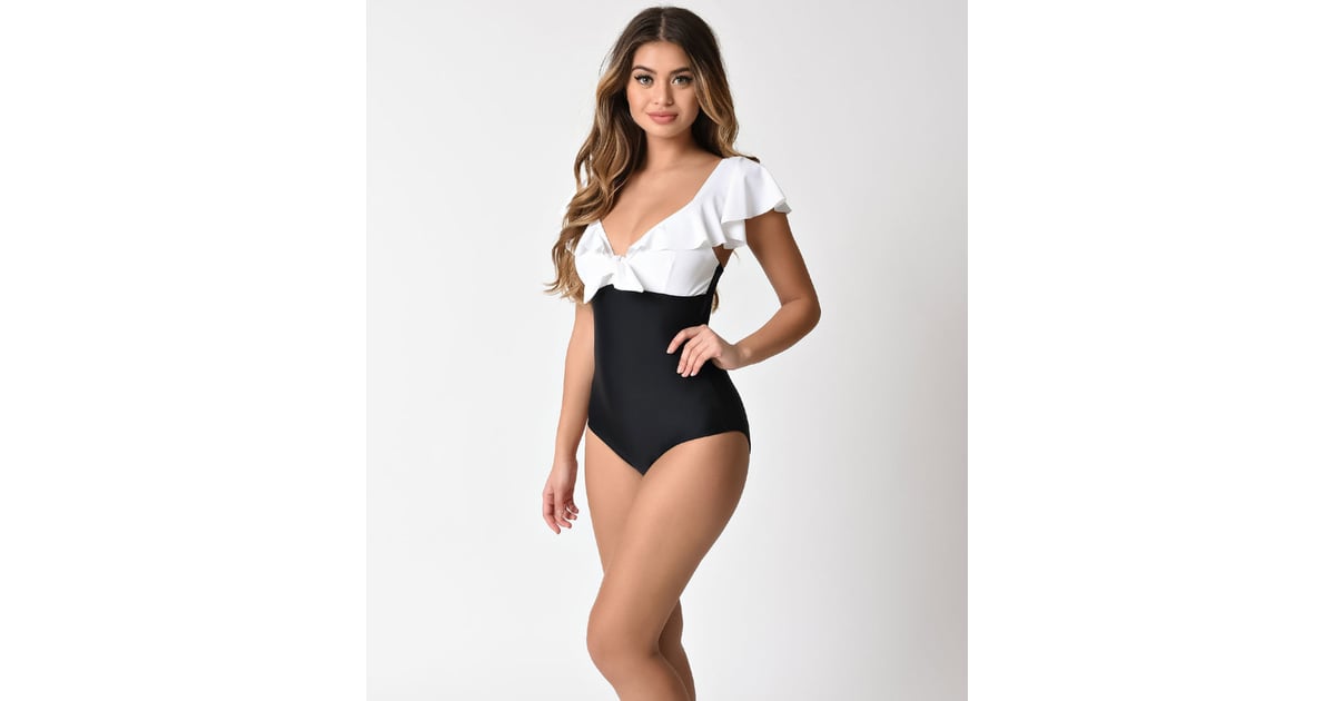 Unique Vintage Black White Colorblock Ruffle Monaco Swimsuit