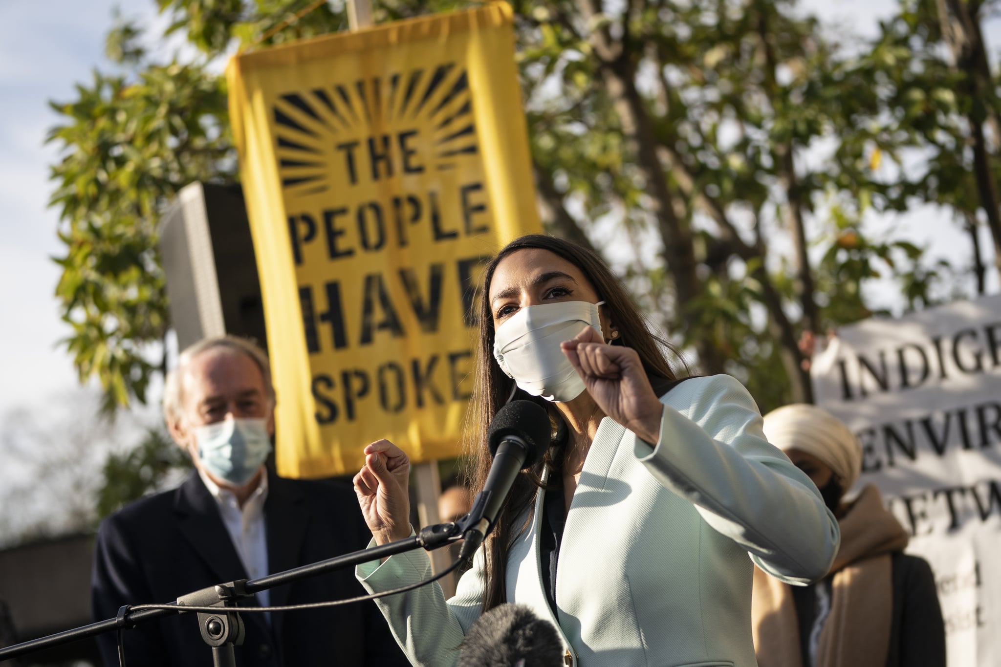 WASHINGTON, DC - NOVEMBER 19: U.S. Rep. Alexandria Ocasio-Cortez (D-NY) speaks outside of the Democratic National Committee headquarters on November 19, 2020 in Washington, DC. Rep. Ocasio-Cortez and others called on the incoming administration of President-elect Joe Biden to take bold action on issues of climate change and economic inequalities. (Photo by Drew Angerer/Getty Images)