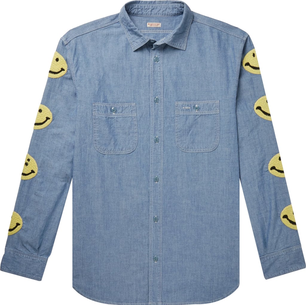 KAPITAL Smiley Face Sleeve-Embroidered Blue Shirt