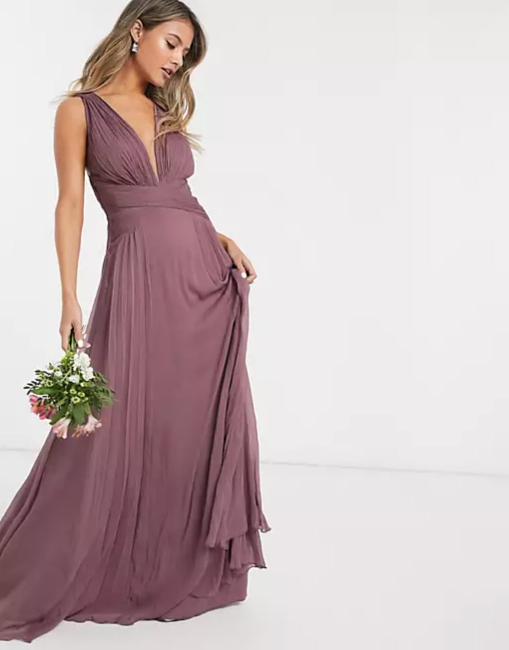 Purple Bridesmaid Dress: ASOS Design Bridesmaid Ruched Bodice Drape Maxi  Dress With Wrap Waist, 20 Stylish Bridesmaid Dresses to Match the Bride's  Colour Theme
