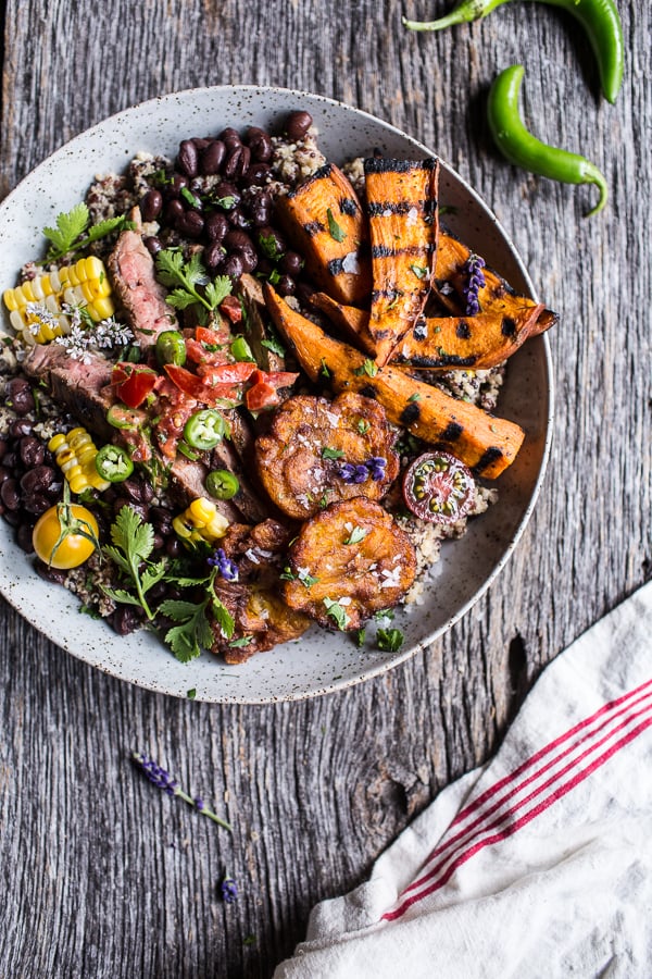 Brazilian Steak and Grilled Sweet Potato Fry Quinoa Bowl