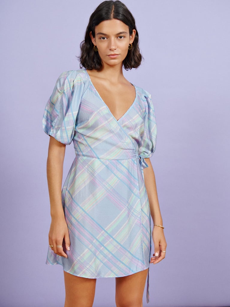 OMNES Blue Check Puff Sleeve Wrap Mini Dress