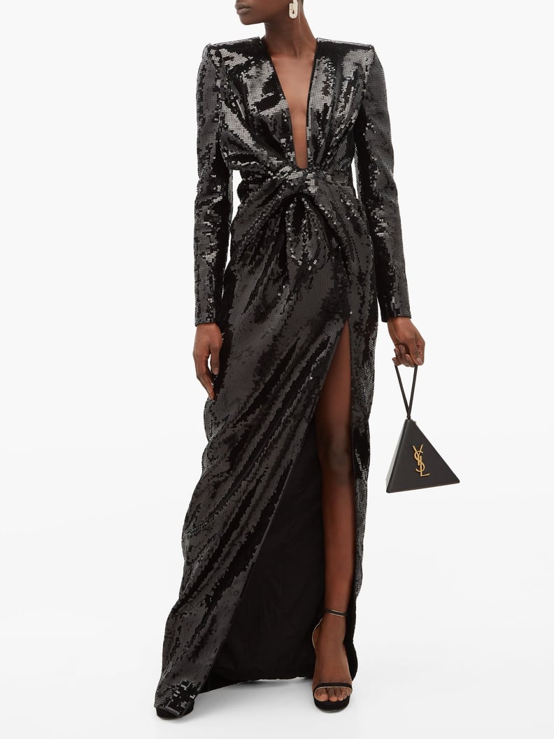 Saint Laurent Bow Plunge-Neck Sequinned Gown