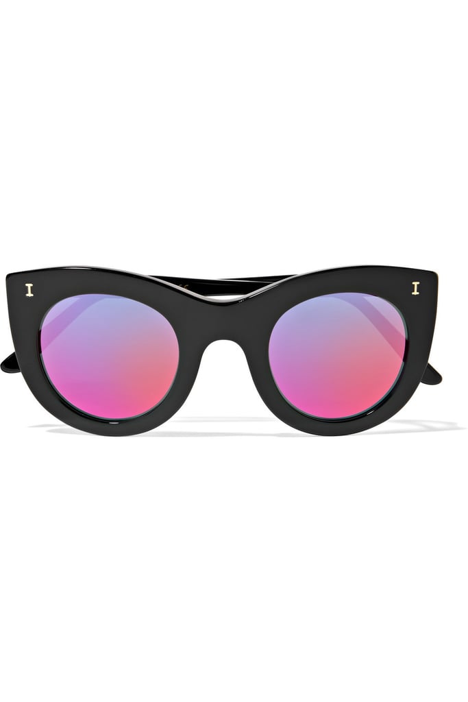 Black frames look anything but basic with pop color lenses like these Illesteva Boca Cat-Eye Acetate Mirrored Sunglasses ($220).