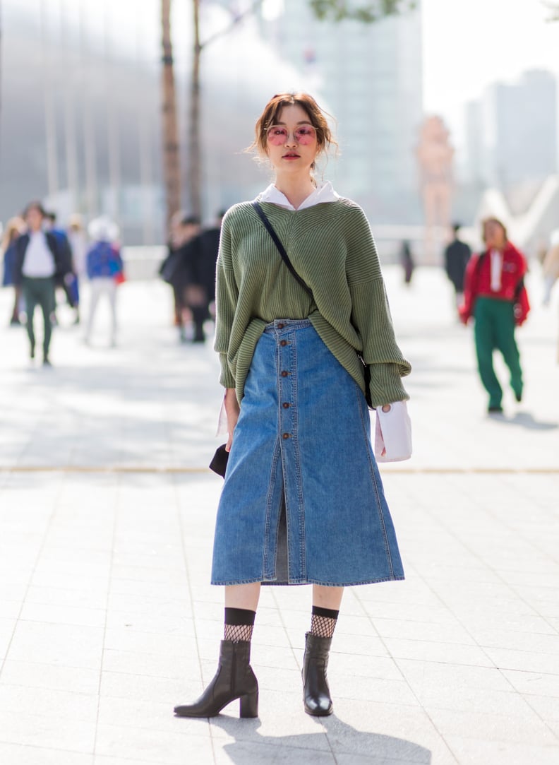 Tuck a Comfy Sweater Into a Button-Front Denim Skirt