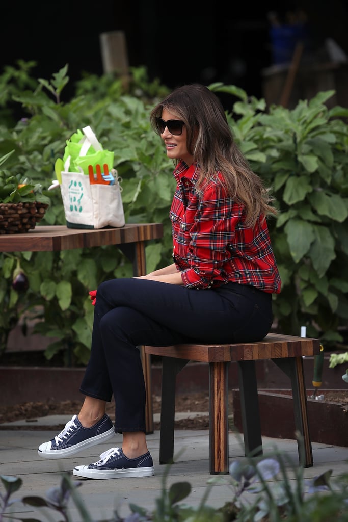 Melania's $1,500 Balmain flannel caused lots of buzz when she worked in the White House garden for the first time in September 2017. All part of the look? A pair of gray-blue low-top Converse sneakers. So far, we count three pairs of these . . .