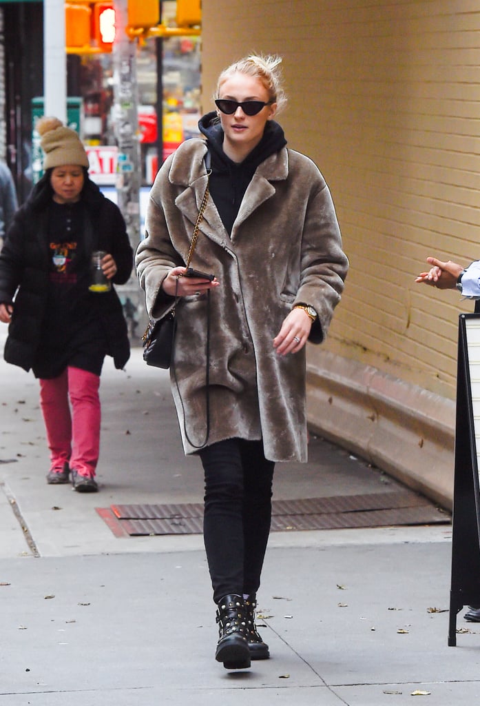 Sophie Turner in a Fuzzy Coat in 2018