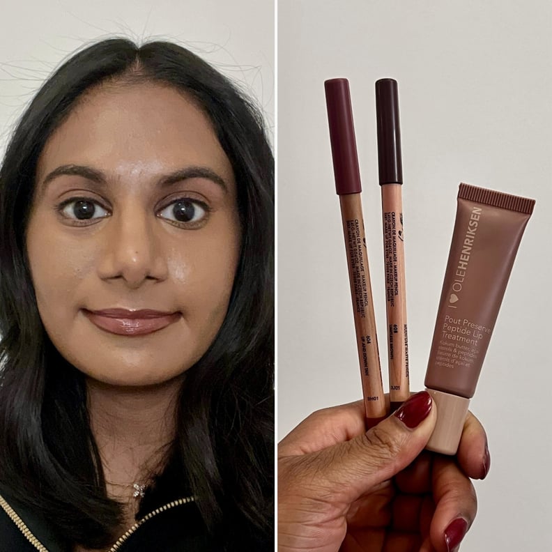 Woman wearing the Make Up For Ever Artist Color Pencils in Limitless Brown and Up and Down Tan, and Ole Henriksen Pout Preserve Peptide Lip Treatment in Crème Brûlée.