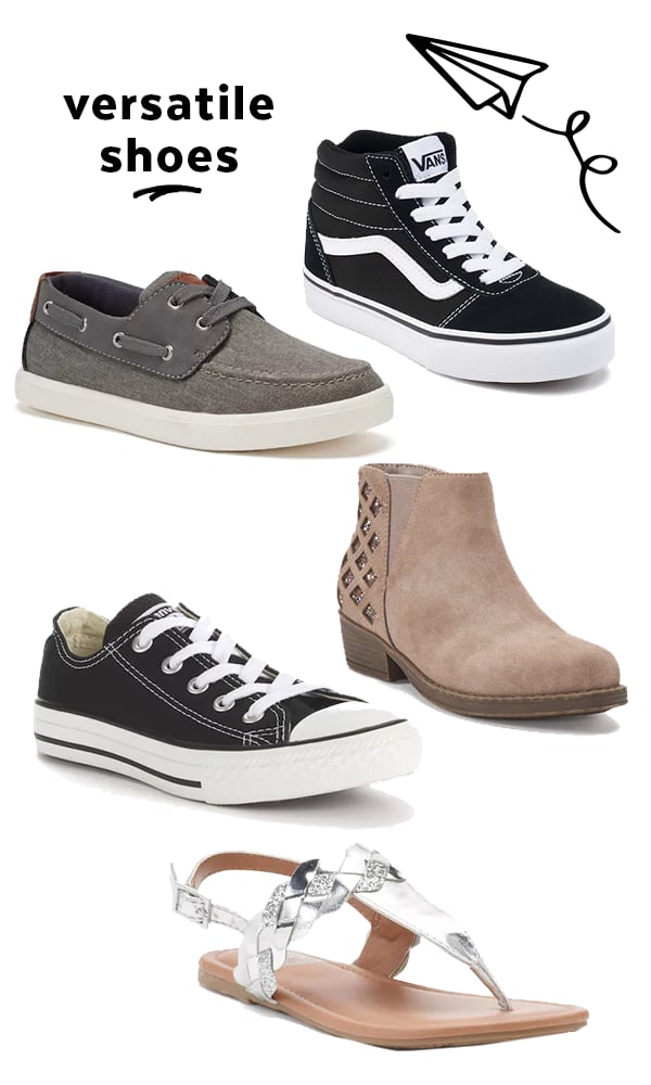 Since kids grow into a new shoe size roughly every five months, they need very few pairs at a time. When it comes down to the bare necessities, all they really need is one pair of: sneakers, dress shoes, lifestyle shoes — a polished yet comfortable shoe, like a boat shoe — and seasonal shoes — a sandal or a boot depending on the time of year.