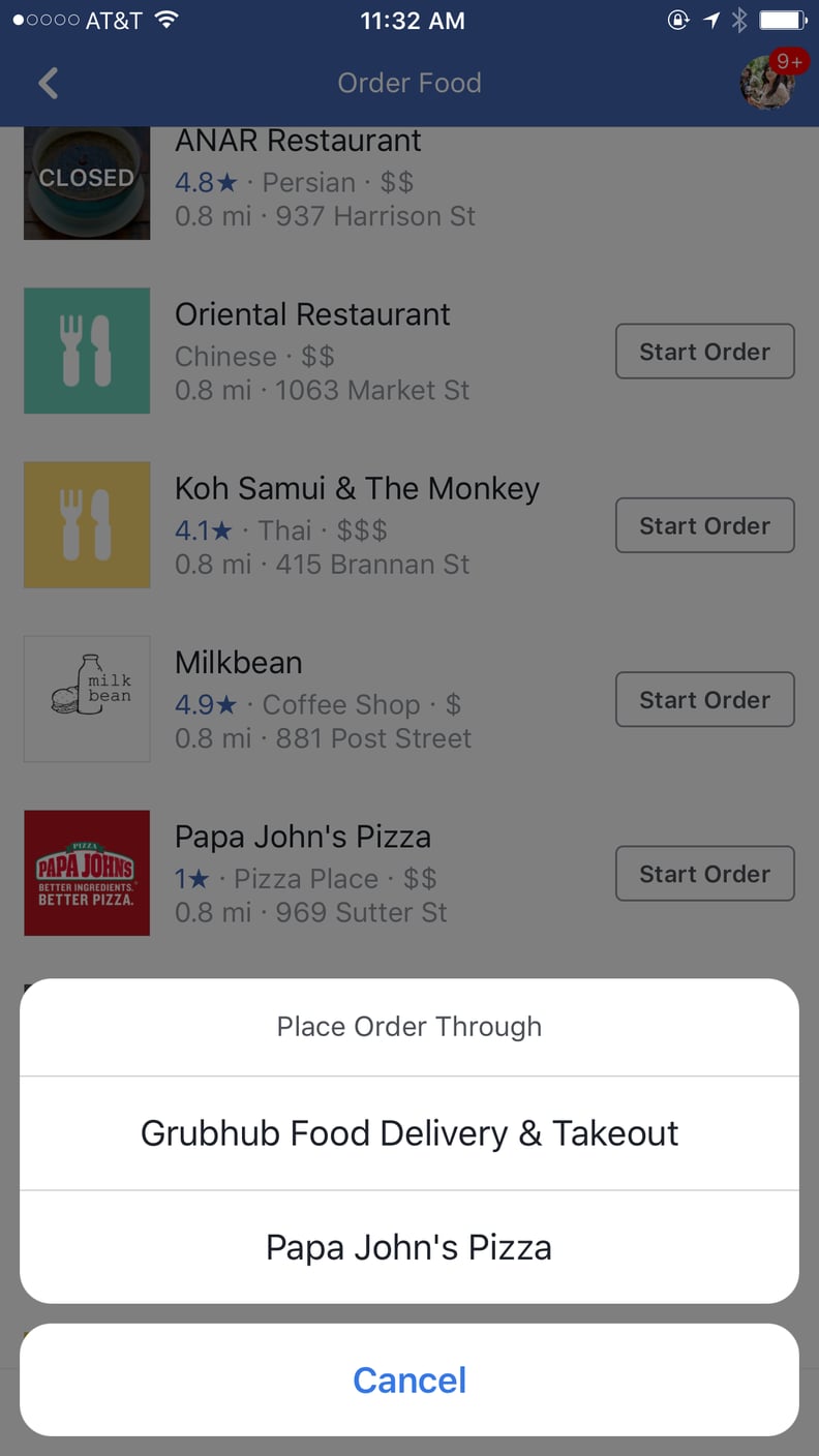 Once you select a restaurant, you can choose to order through the restaurant or through a service like Grubhub if available.