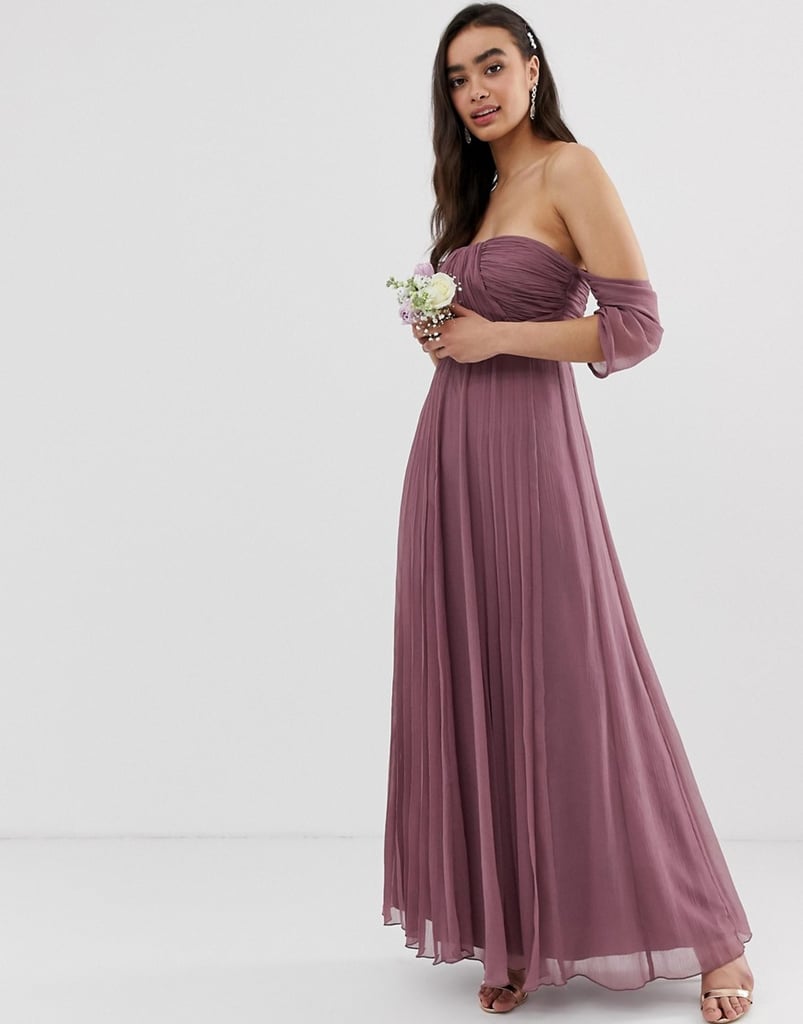 ASOS Design Bridesmaid Bardot Ruched Pleated Maxi Dress