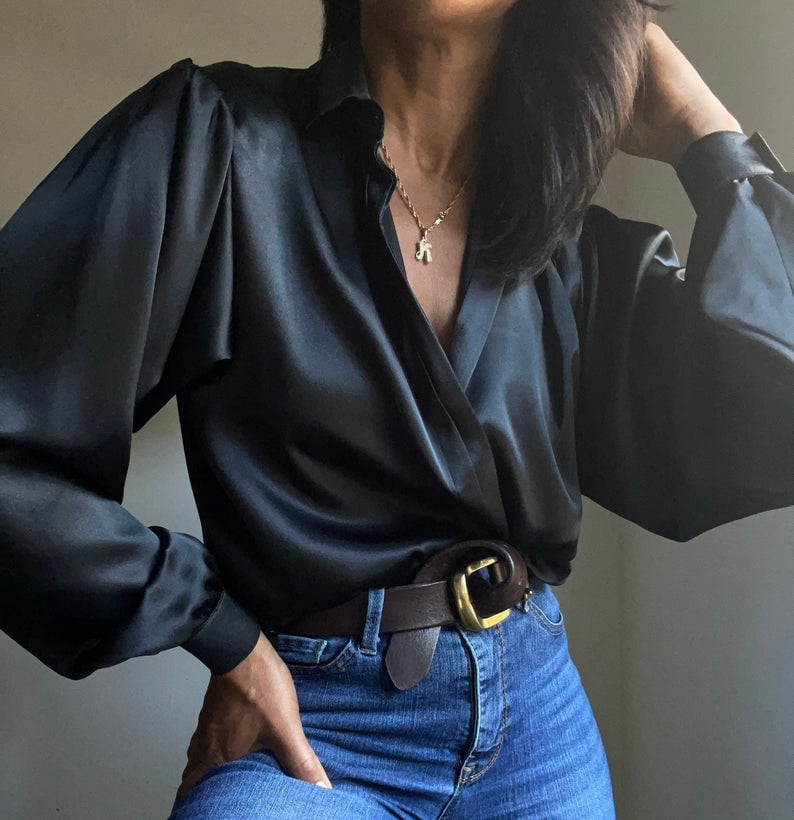 Vintage Liquid Satin Puff Sleeve Blouse