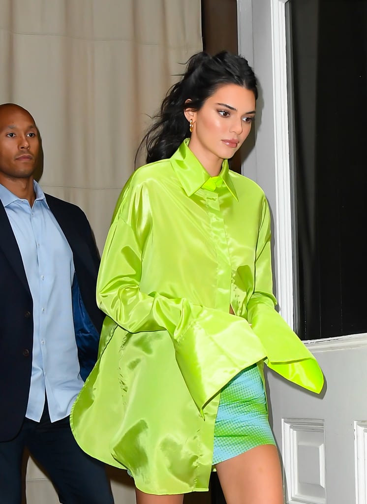 Kendall Jenner Clear Heels With Neon Shirt