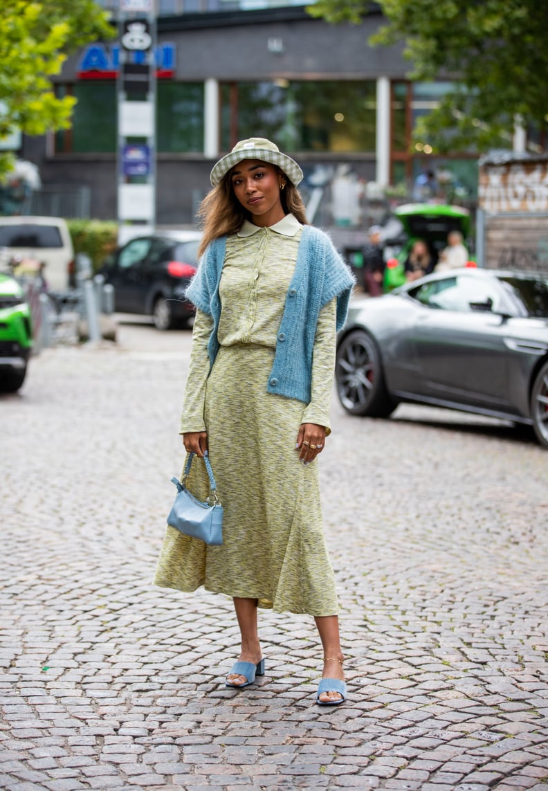 A Pastel Midi Dress, Baby Blue Cardigan, and Bucket Hat