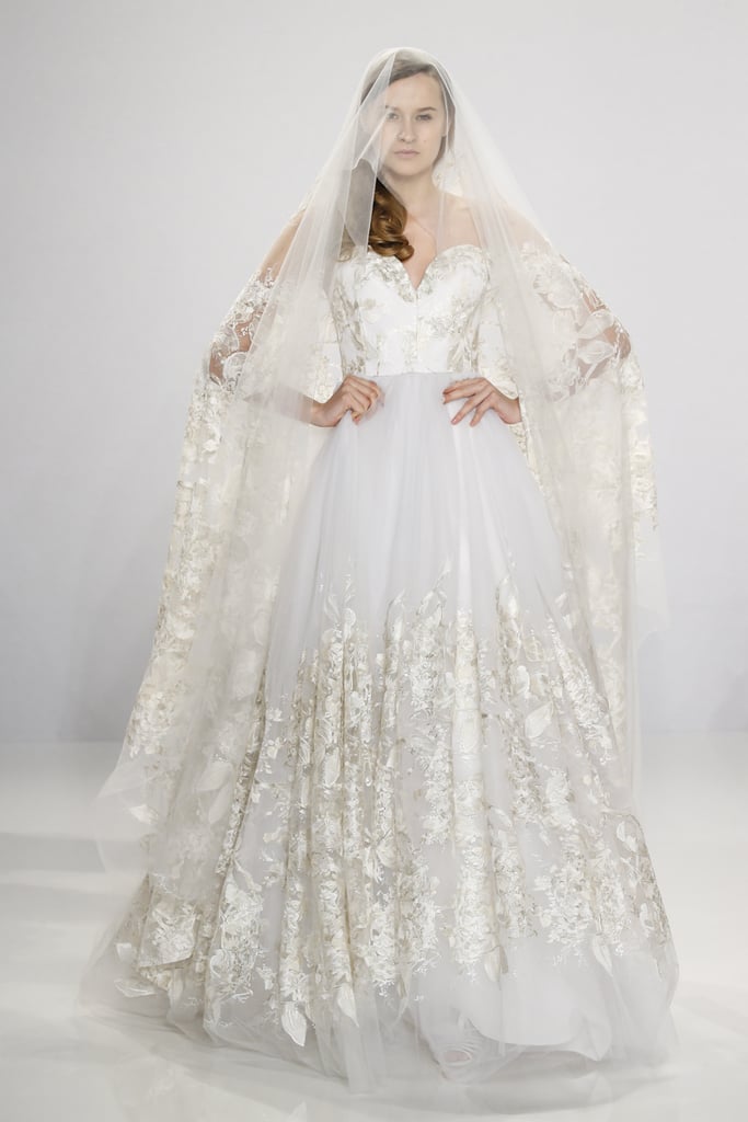 Strapless lace gown.