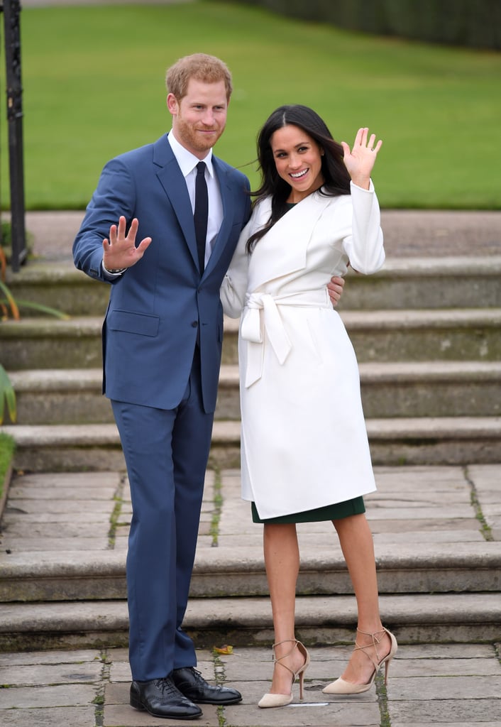 If you and your partner are looking to channel Meghan and Harry's newly engaged glow this Halloween, one of you will need a white trench coat like Meghan's, to be paired with a green dress and neutral lace-up heels, while the other should wear a crisp blue suit, navy blue tie, white button-down, silver cuff bracelet, and black shoes. And if you really want to get into character, keep waving at your friends as if they're the paparazzi during your Halloween festivities.