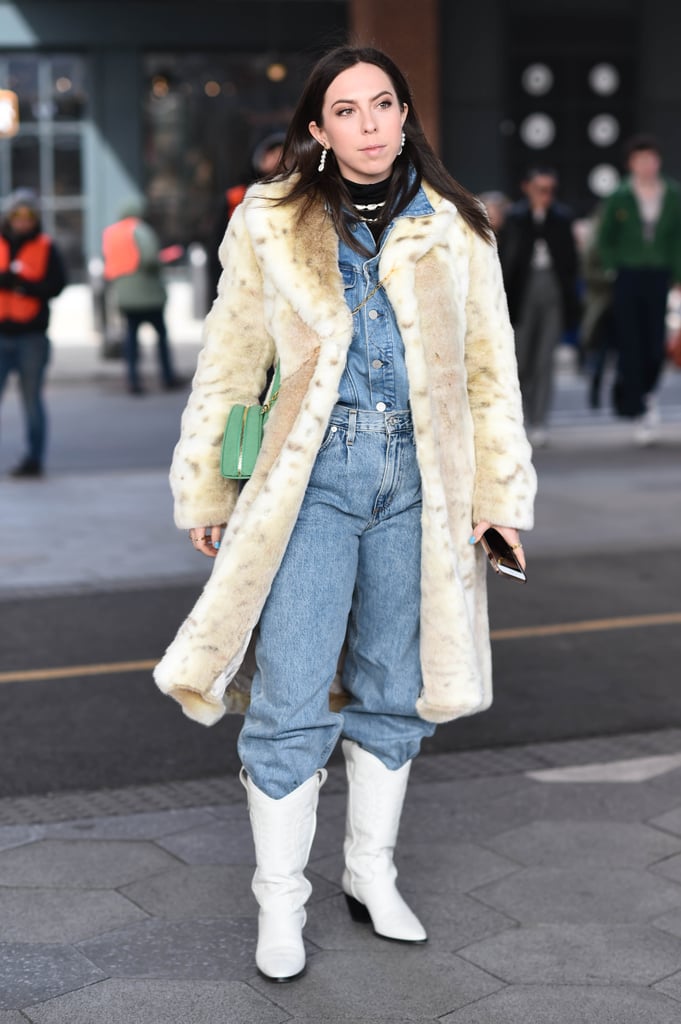 Winter Outfit Idea: A Furry Jacket and Cowboy Boots Over Denim