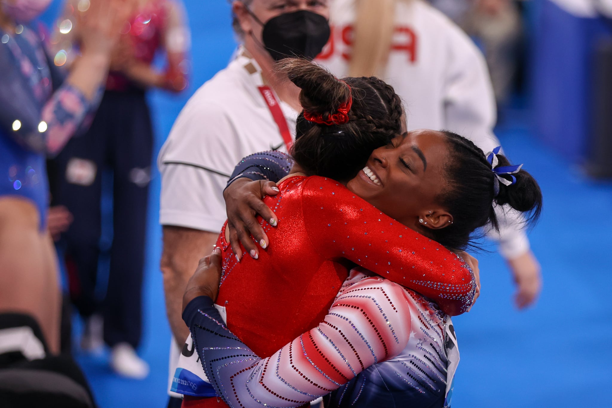 TOKYO, JAPAN - AUGUST 3: Sunisa Lee of Team United States , Simone Biles of Team United States competes during the Women's Balance Beam Final on day eleven of the Tokyo 2020 Olympic Games at Ariake Gymnastics Centre on August 3, 2021 in Tokyo, Japan (Photo by Iris van den Broek/BSR Agency/Getty Images)