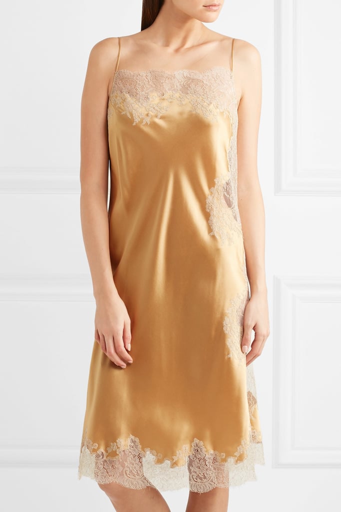 Opt for something sensual to the touch, like the Carine Gilson Chantilly lace-trimmed silk-satin chemise ($638). You'll love the natural shade and contrast lace details.