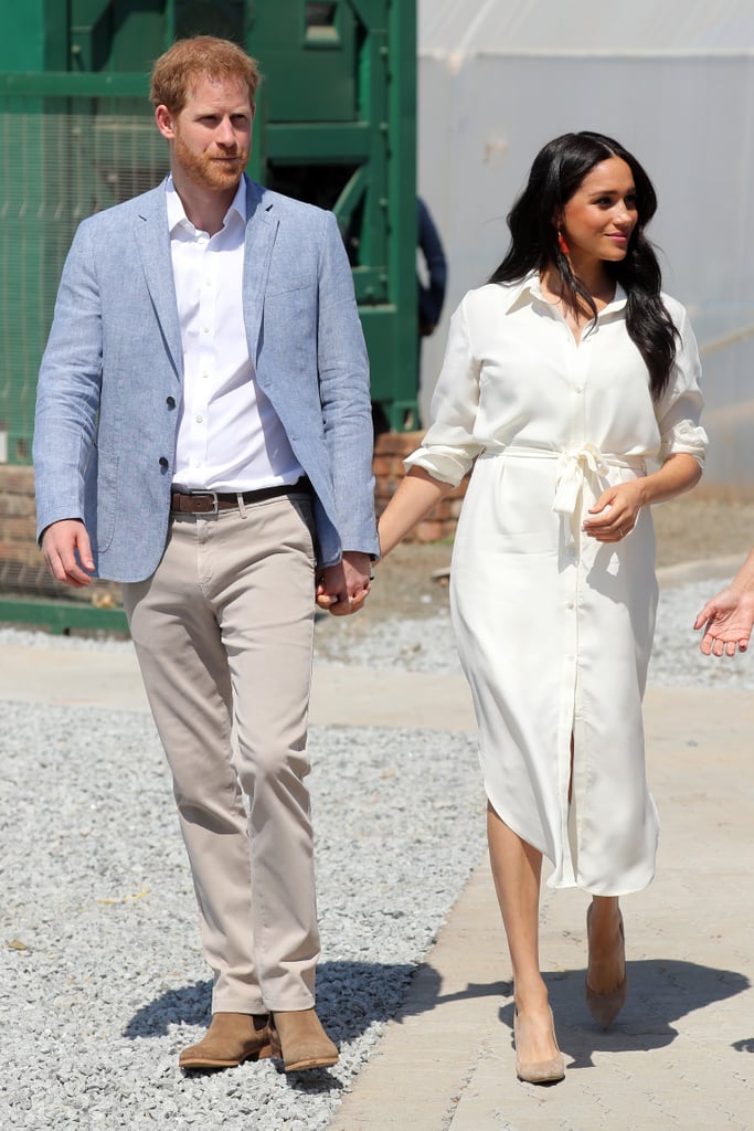 Meghan, Duchess of Sussex Wearing A White Shirtdress and Beige Pointed Toe Pumps