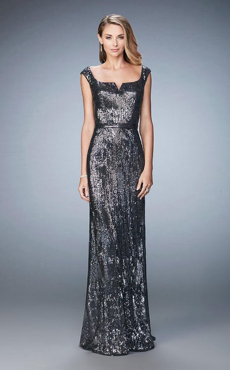 La Femme Sequined Cap Sleeves Sheath Evening Gown