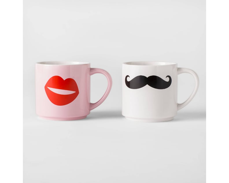 Mustache & Lips Glazed Stoneware Mugs - Set of 2