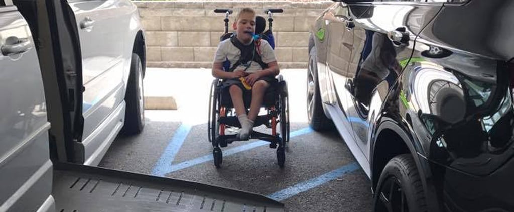 Boy's Wheelchair Ramp Blocked by Car Parked on Blue Lines