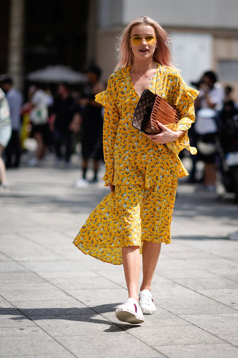 Look Vibrant in a Yellow Printed Dress and Matching Shades