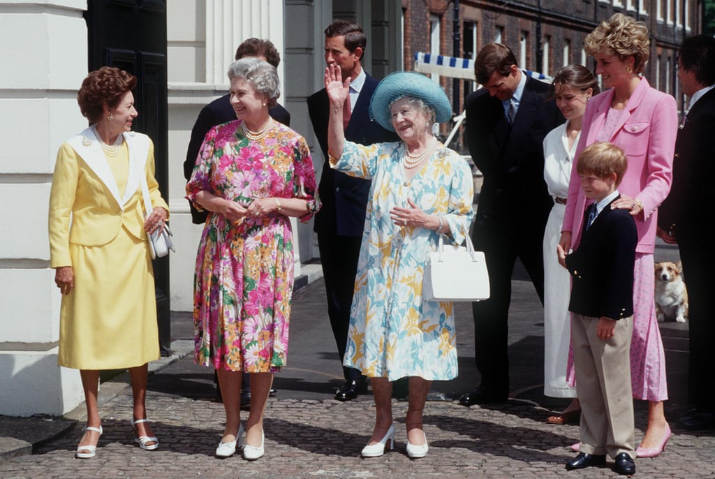 Princess Margaret, Queen Elizabeth II, Queen Elizabeth the Queen Mother, and Diana, Princess of Wales, celebrate another birthday for the Queen Mother in London in 1992.