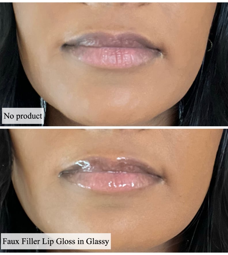 Woman's bare lips verses using the Huda Beauty Faux Filler Extra Shine Lip Gloss in clear Glassy.
