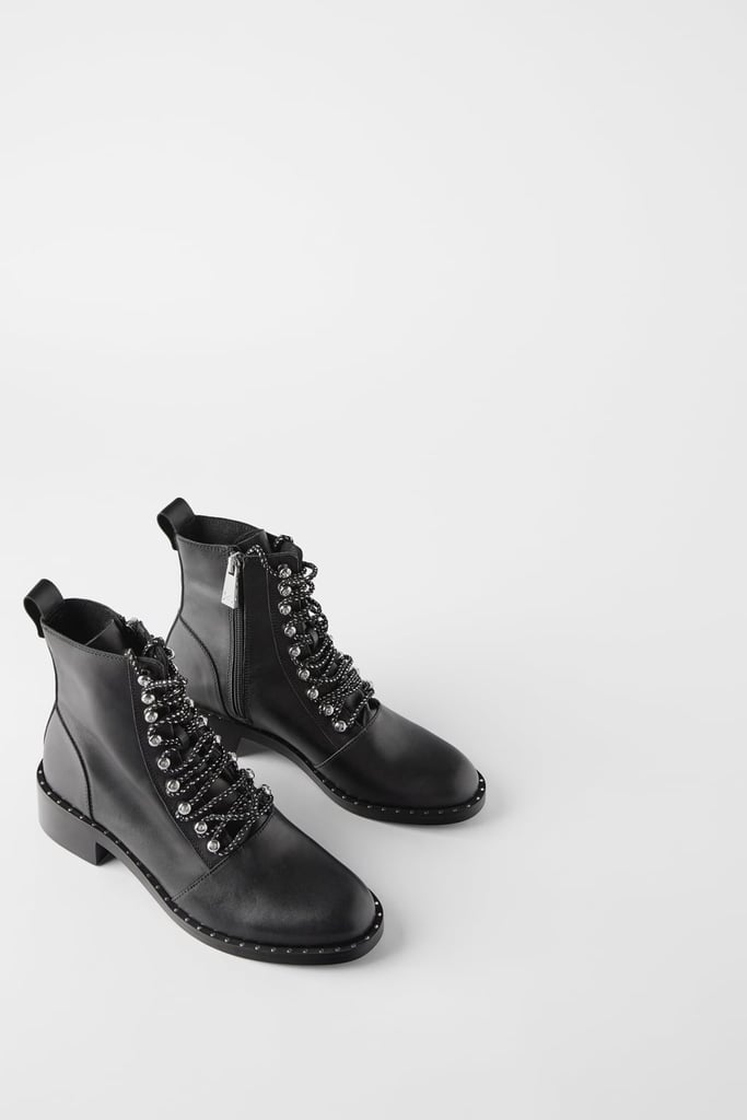 Zara Low Heeled Leather Moto Ankle Boots with Studs