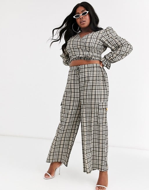 New Girl Order Curve Wrap Crop Top With Puff Sleeves and High Waist Drawstring Pants