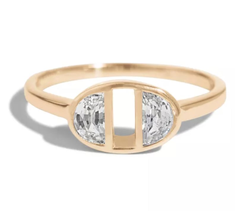 Unique Bezel-Set Half-Moon Dyad White Sapphire Engagement Ring