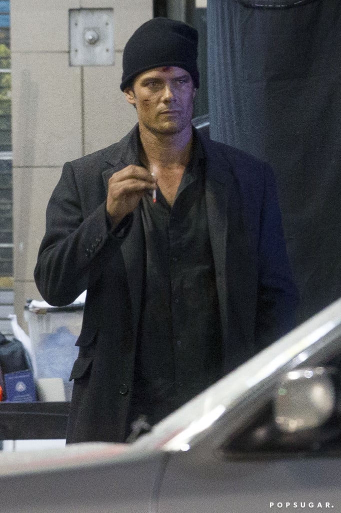 With the help of makeup, Josh Duhamel looked roughed up while filming scenes with Al Pacino and Julia Stiles for their movie Beyond Deceit in LA on Thursday.