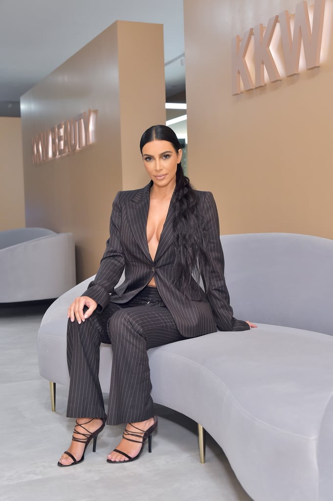 Kim Kardashian Pinstripe Suit at KKW Beauty Pop-Up Shop 2018