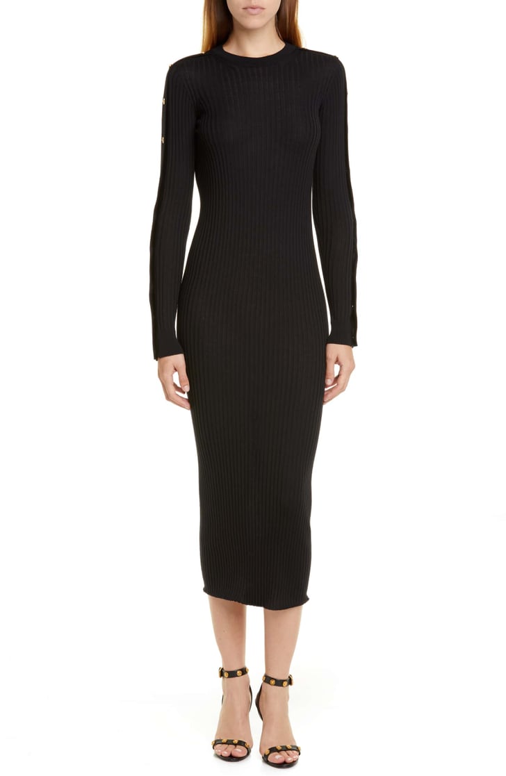 Versace Long-Sleeved Wool Rib Midi Sweater Dress | Kylie Jenner's Black ...