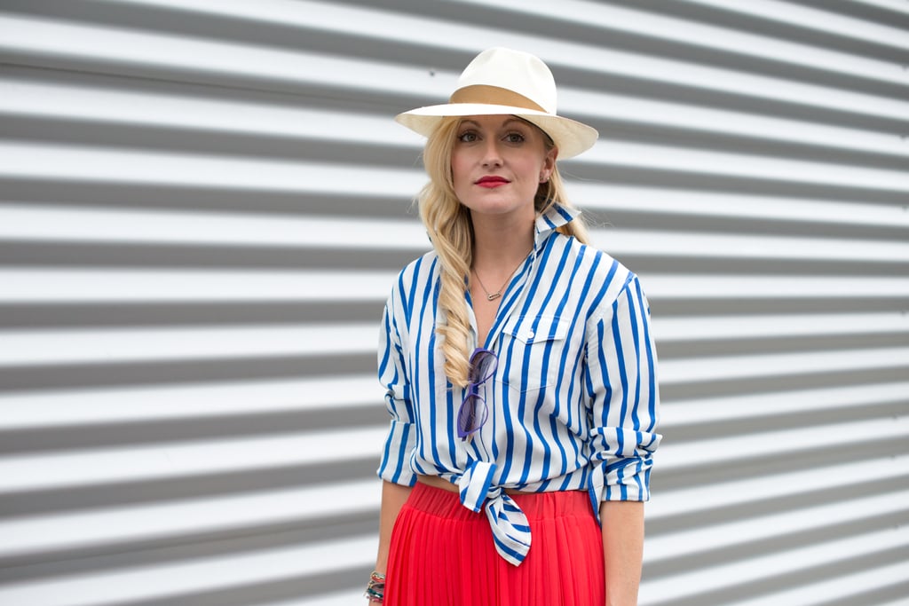 Act like you're on vacation and dress like you're hitting the Riviera, wearing bold blue and white strips with a bright red skirt or pants. Top with a fedora, and everyone will ask when you got back from vacation.
