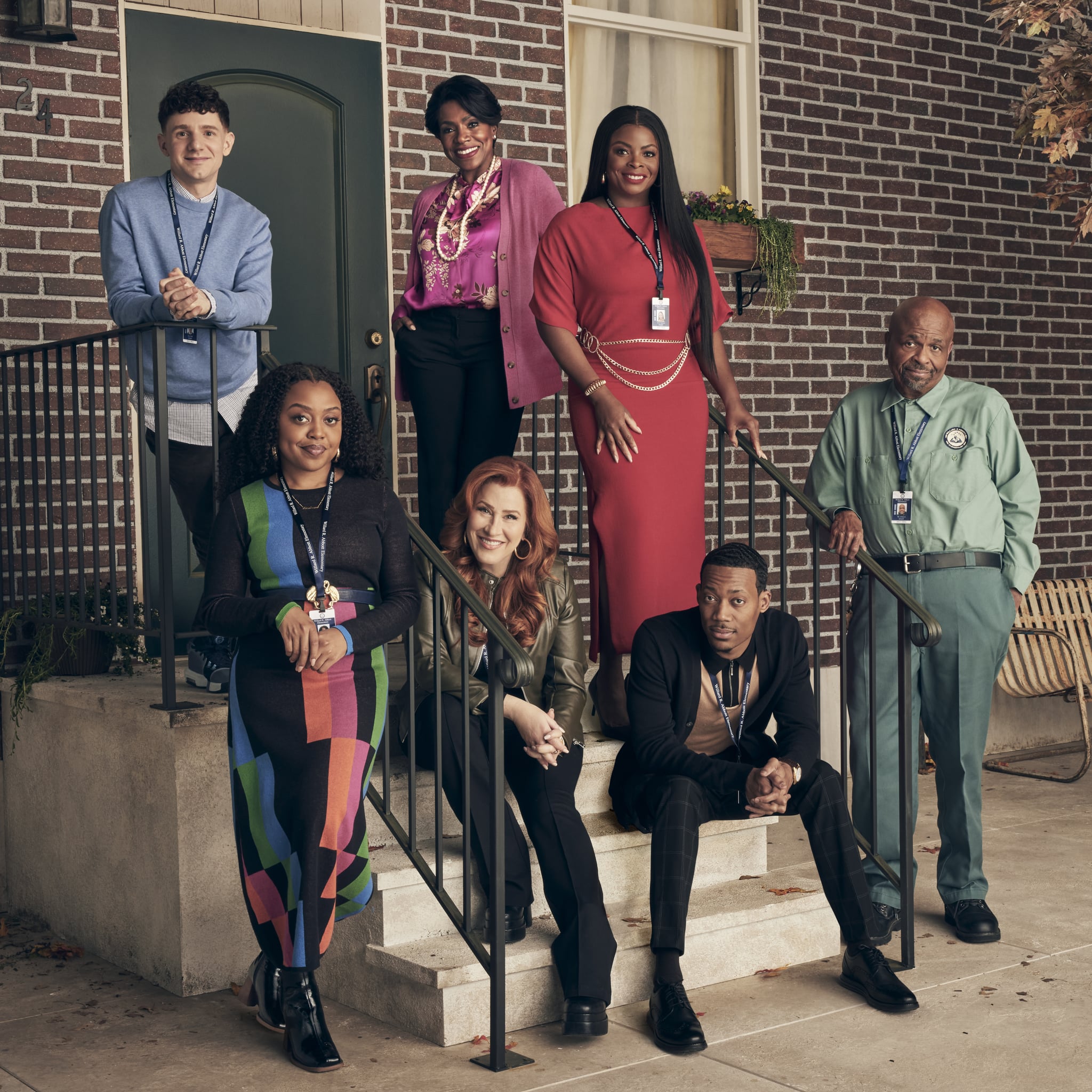 ABBOTT ELEMENTARY - ABC's Abbott Elementary stars Quinta Brunson as Janine, Sheryl Lee Ralph as Barbara, Tyler James Williams as Gregory, Janelle James as Ava, Lisa Ann Walter as Melissa, Chris Perfetti as Jacob, William Stanford Davis as Mr. Johnson. (Disney/Pamela Littky)