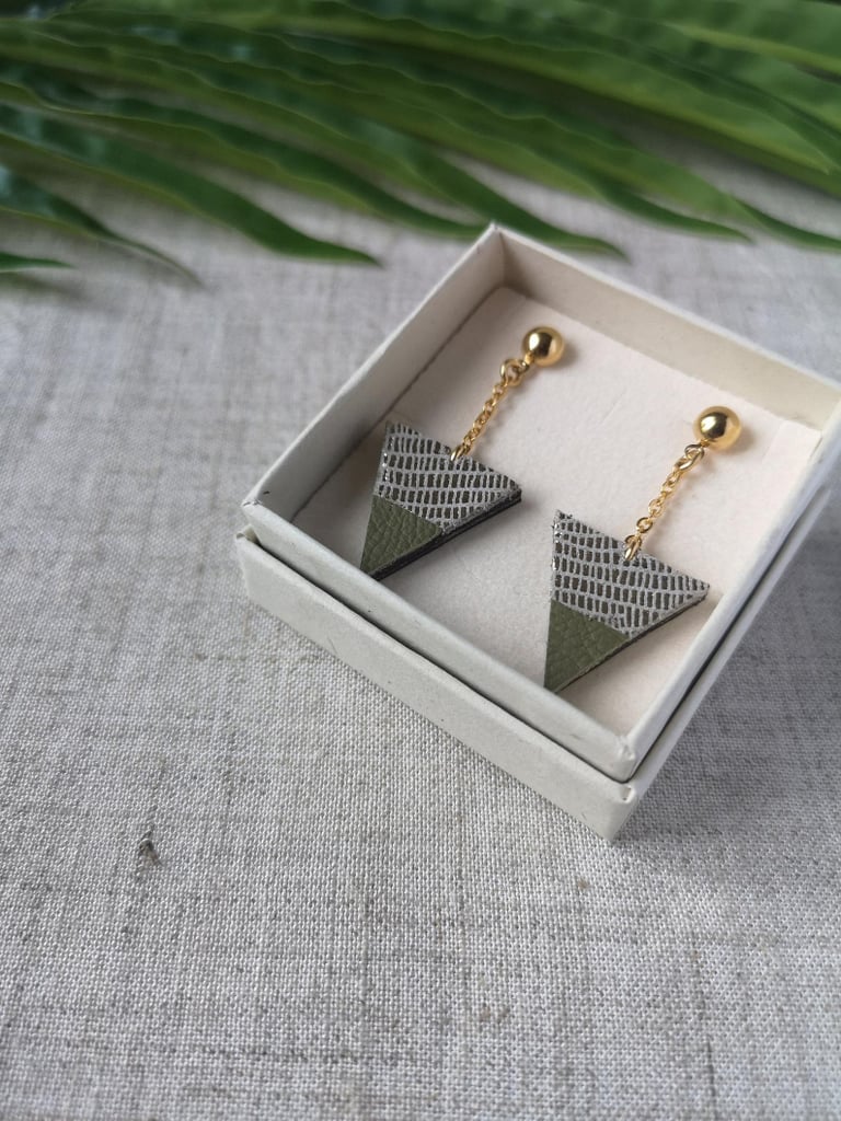 A Geometric Find: Green and Golden Leather Triangle Earrings with Gold Plating