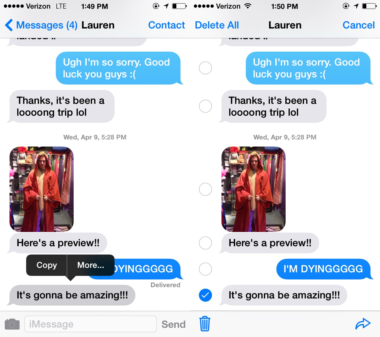 how do you delete a text message you received