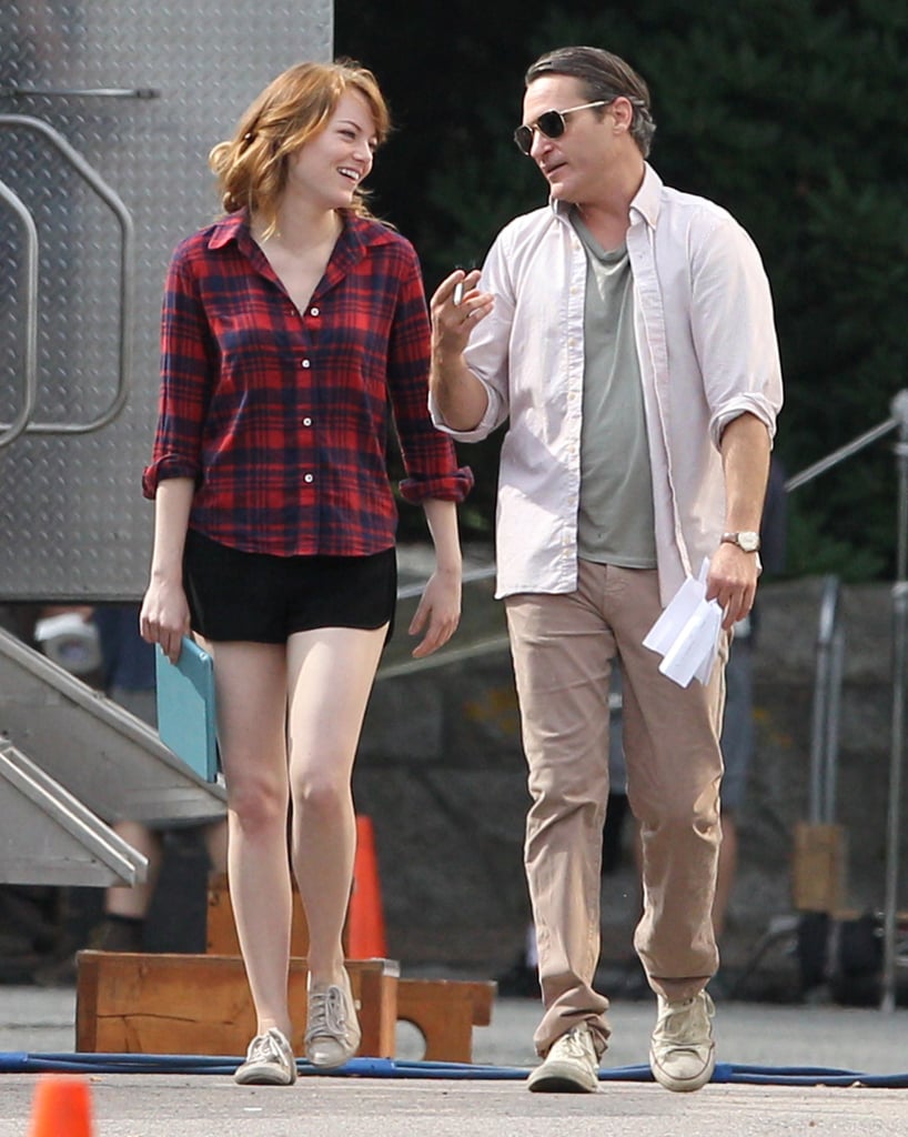 Joaquin Phoenix had Emma Stone laughing on the set of Woody Allen's upcoming movie in Newport, RI, on Thursday.