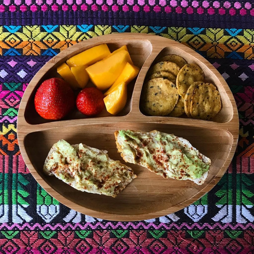 "Lunch: Trader Joe's croissants (my son baked these so he actually ate them) with avocado and smoked paprika, sweet potato crackers – made with flaxseed, sesame seed and chia seeds – and chopped mango and strawberries."