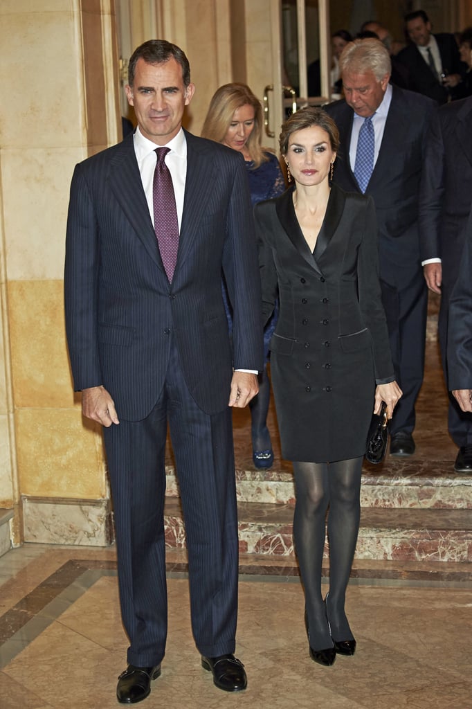 Queen Letizia wore a Felipe Varela black tuxedo jacket with a pair of opaque tights.