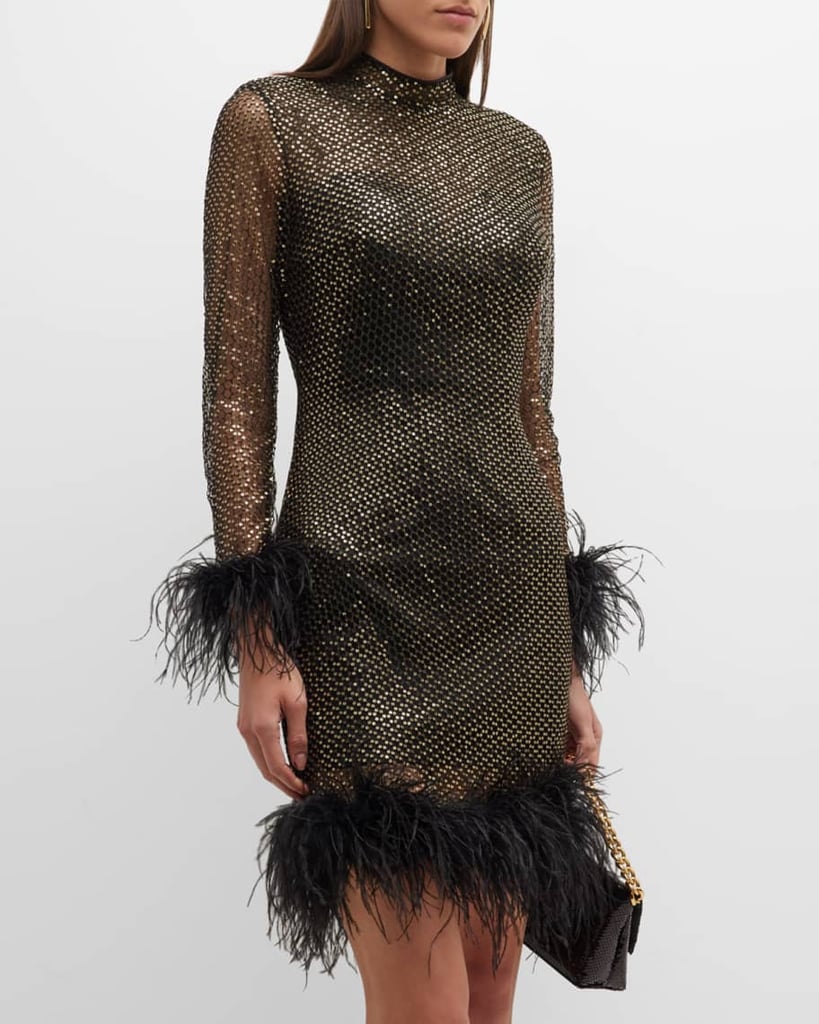 Jovani sequin mock neck feather trim minidress