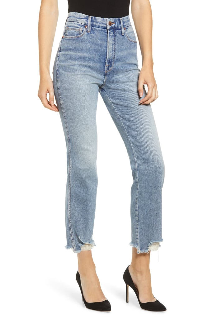 Good American Good Curve High Waist Fray Hem Straight Leg Jeans